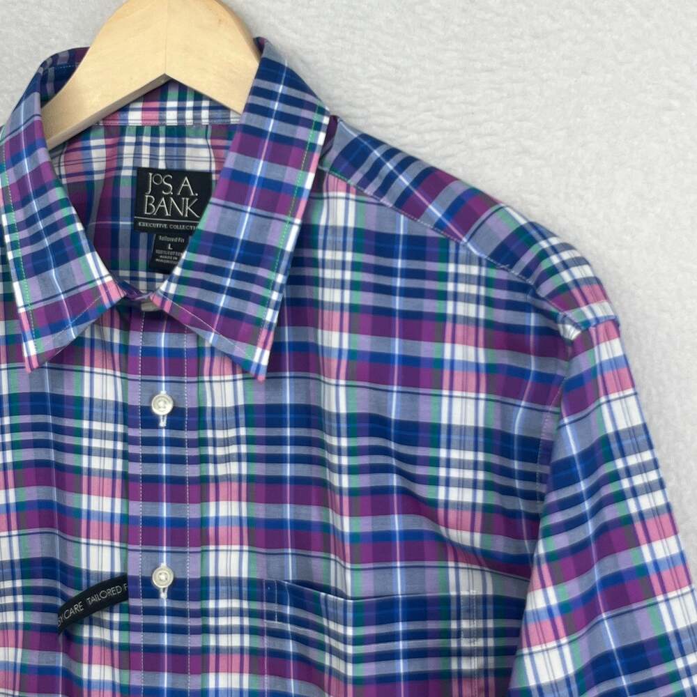 JOS A BANK Shirt Mens L Executive Tailored Fit Plaid Button Up Cotton Blue NEW